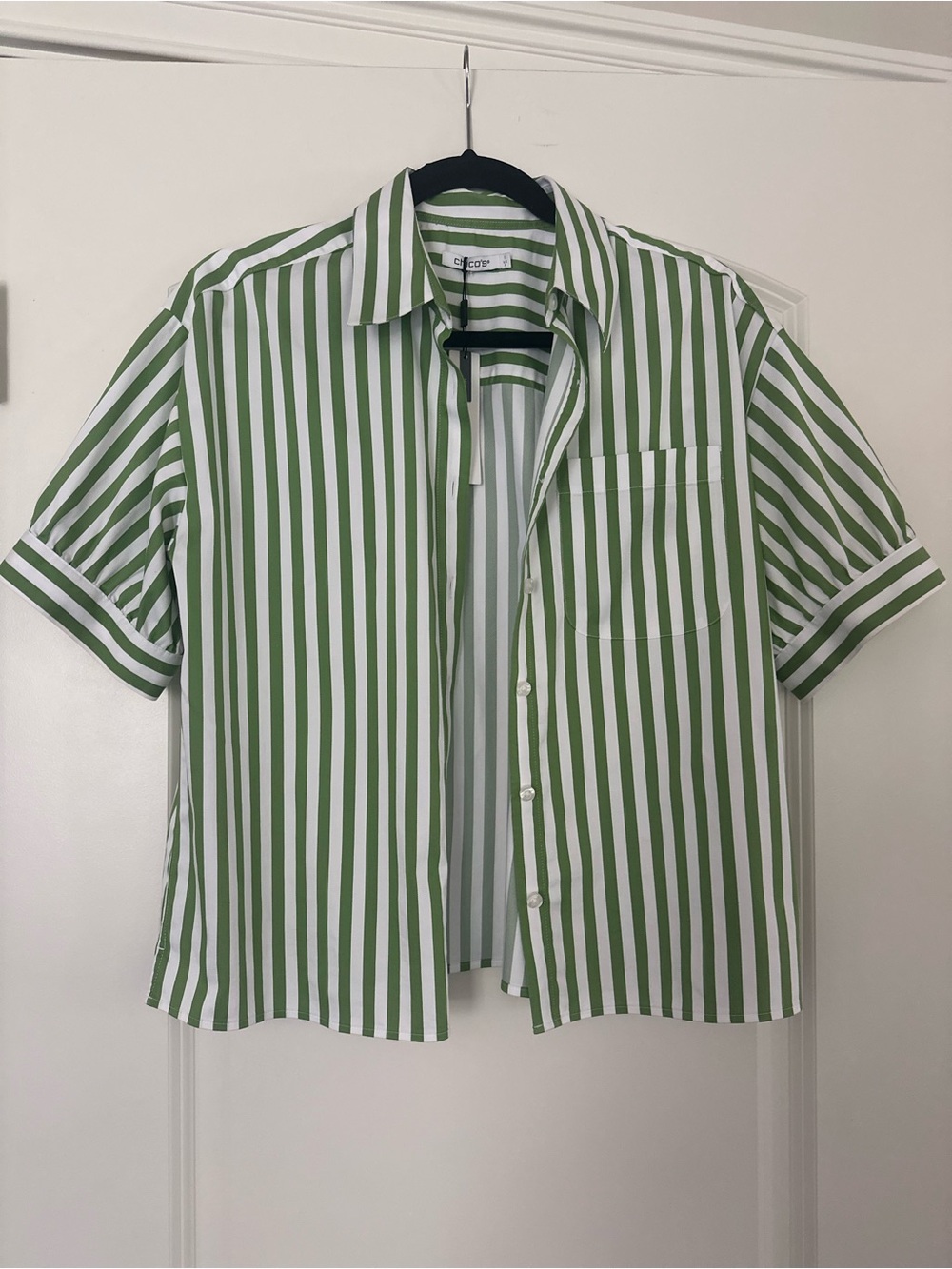 Chico's Green and White Striped Short-Sleeve Button Shirt